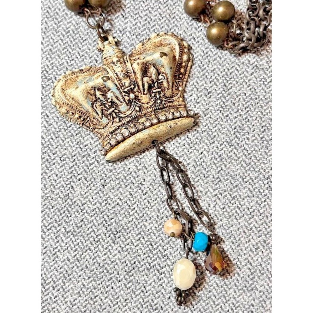 Vintage Bronze Crown Pendant Necklace Faux Turquoise Dangle Whimsigoth Royalcore - Picture 2 of 10